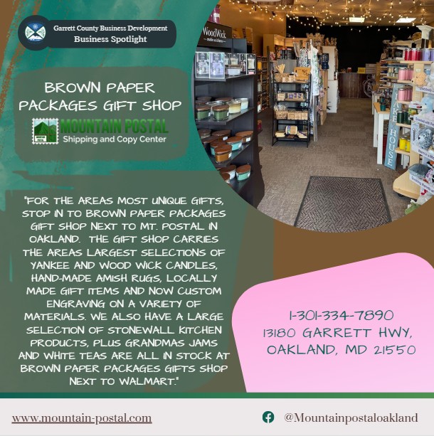 Today's Business Spotlight 🎁 is on Brown Paper Packages Gift Shop!
Visit the shop located next to Mountain Postal in Oakland by Walmart!  
Follow us to see more daily Garrett County Business Spotlights! 
If you are interested in having your business featured contact Connor Norman at cnorman@garrettcountymd.gov. #businessdevelopment #garrettcountymd